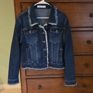 Q2 Dark Blue Denim Jacket with Frayed Trim